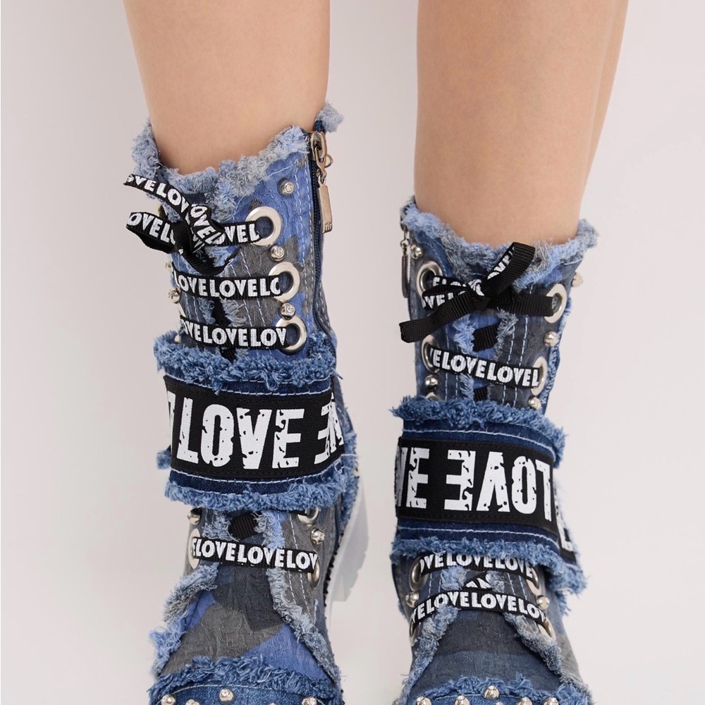 Denim Boots Shoes, Handmade Women's Sports Boots  Size 39 Denim Patch